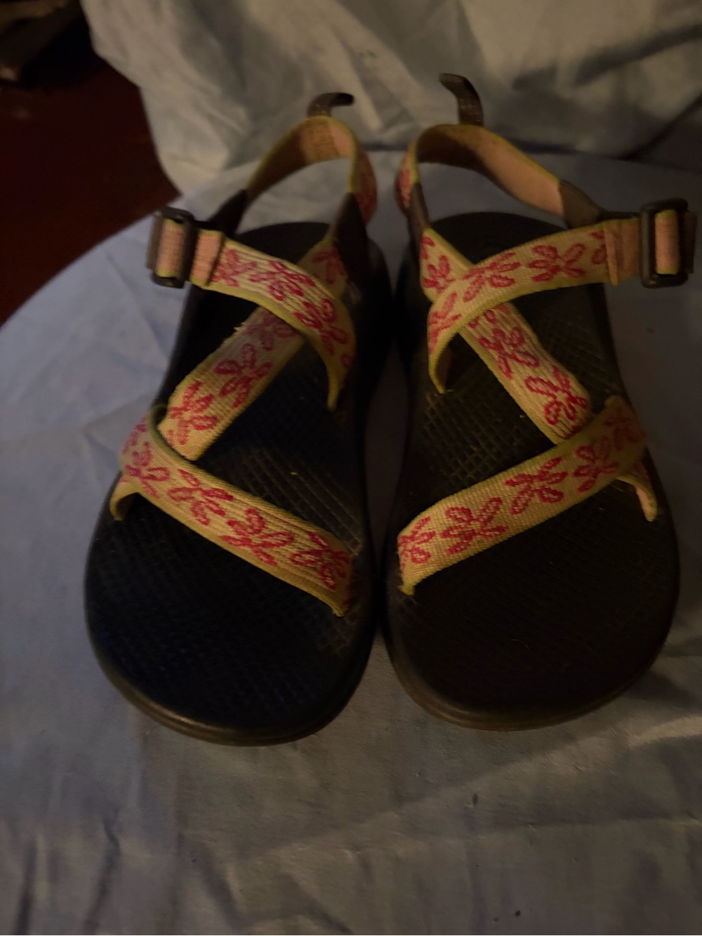 Chaco Women’s Sandals with Pink Floral Straps and Black Footbed size 5